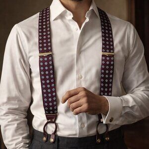 Geoffrey Beene Silk Button-On Suspenders Y-Back Burgundy Print 44”